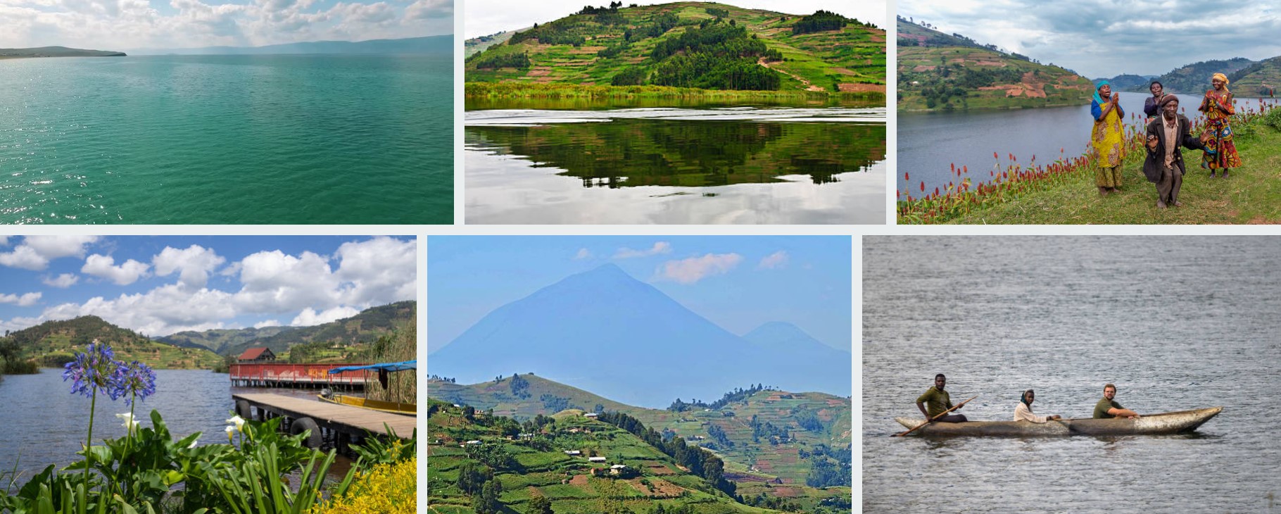 Scenic view of Lake Bunyonyi surrounded by lush greenery and rolling hills, featuring traditional canoes on calm waters.