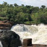 Spectacular view from the top of Murchison Falls in Uganda, with the powerful Nile River plunging through a narrow gorge into misty, churning waters below
