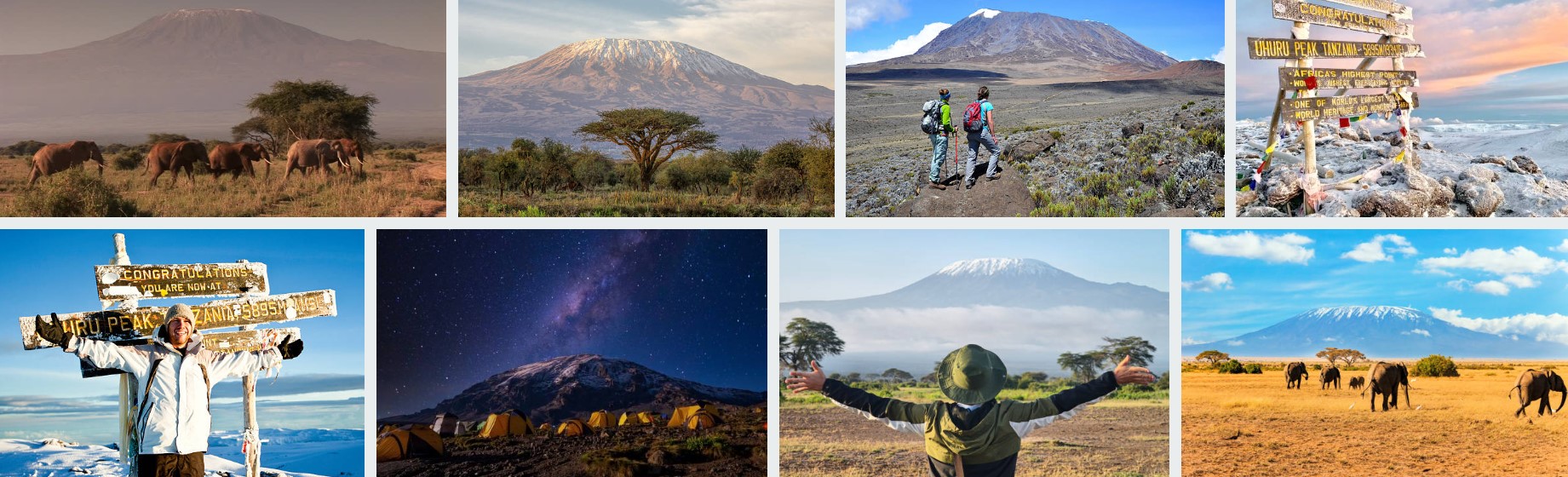 A stunning view of Mount Kilimanjaro in Tanzania, with its snow-capped peak rising above the surrounding national park landscape