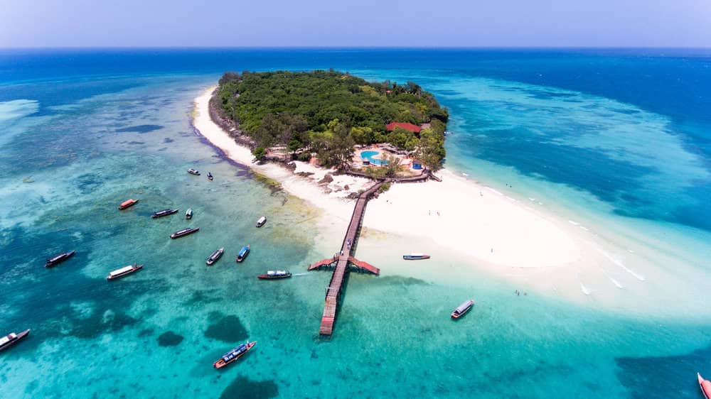 Group safari vehicle in Serengeti followed by relaxing Zanzibar beach scenery coastline.