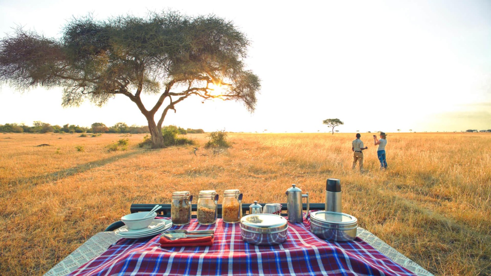 Safari guests enjoying included outdoor meal overlooking Tanzania wildlife-filled savannah landscape.